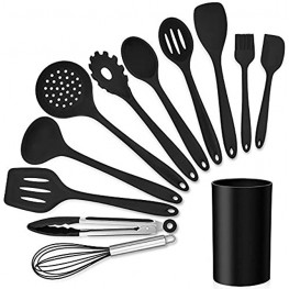 LIANYU 12-Piece Black Silicone Kitchen Cooking Utensils Set with Holder Kitchen Tools Include Slotted Spatula Spoon Turner Ladle Tong Whisk Dishwasher Safe
