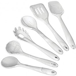 mDesign Silicone Kitchen Utensil Set Includes Spatula Turner Spoonula Solid Spoon Slotted Spoon Serving Mixing Spoon Ladle and Pasta Fork 6 Pack Large Marble