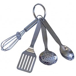 R&M International Mini 3.5 Kitchen Tool Set with Keychain Includes Whisk Spatula Spoon and Skimmer,Silver