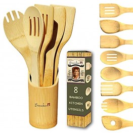 SENZOKAN Bamboo Utensils Set- 8 pcs Bamboo Spoon and Spatula with Holder for Cooking with Non Stick Cookware 100% eco friendly