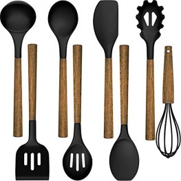 Silicone Cooking Utensil Set Umite Chef 8-Piece Kitchen Utensils Set with Natural Acacia Wooden Handles,Food-Grade Silicone Heads-Silicone Kitchen Gadgets Set for Nonstick Cookware- Black