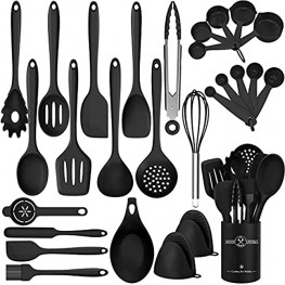 Silicone Cooking Utensils Set 28Pcs Non-Stick Heat Resistant Kitchen Utensils Spatula Set for Baking Cooking and Mixing Best Kitchen Gadgets Tools One Piece Design Black