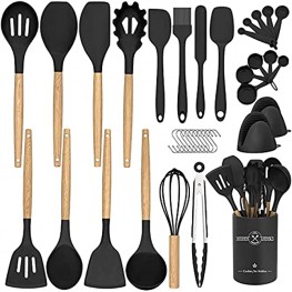 Silicone Kitchen Cooking Utensil Set 28Pcs Kitchen Utensils Spatula Set with Wooden Handle for Nonstick Cookware 446°F Heat Resistant Silicone Kitchen Gadgets Utensil Set with Large Holder（Black）