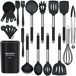 Silicone Kitchen Cooking Utensils Set 23 pcs Kitchen Utensils Set for Cooking with Stainless Steel Handle Spatula Holder Kitchen Utensil Tools for Non-stick Cookware by FODCOKI Black