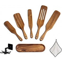 Spurtles Kitchen Tools As Seen On TV 5 Pcs Wooden Spatula Set for Cooking Stirring Mixing With Stand and Cleaning Towel