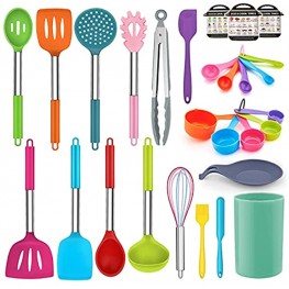TeamFar Cooking Utensil Set 28 PCS Silicone Kitchen Utensil Set with Stainless Steel Handle Spatula Spoon Whisk Holder Non-Toxic & Non-Stick Heat-Resistant & Dishwasher Safe Multi-Color