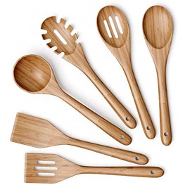 Wooden Kitchen Utensils Set 6 Piece Non-Stick Bamboo Wooden Utensils for Cooking Easy to Clean Reusable Wooden Spoons for Cooking Spatula Ladle Turner & Pasta Server
