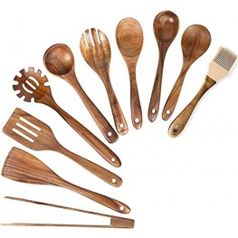 Wooden Spoons for Cooking,10 pcs Wood Utensil Set Wooden Kitchen Utensils for Nonstick Cookware Natural Teak Utensils for Cooking Wood Cooking Utensil Set