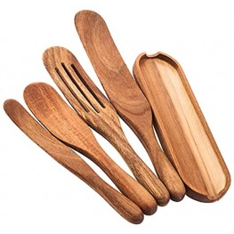 Wooden Spurtle Set 5Piece 100% Natural Acacia Kitchen Utensil Set with Spoon Rest Heat Resistant Non Stick Wood Cookware Spurtles Kitchen tools Set for Easy Stirring Mixing Serving & Spreader