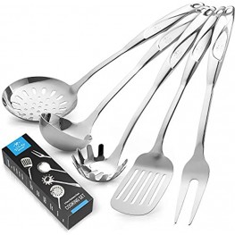Zulay Premium Stainless Steel Utensils 5 Pieces Comfortable Grip Stainless Steel Cooking Utensils Stainless Steel Kitchen Utensil Set Includes Spatula Pasta Server Spoon Ladle & Carving Fork