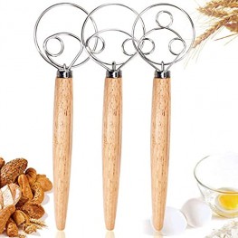 3PCS Danish Dough Whisks Kalolary Premium Mixing Whisk Tools for Kitchen Baking Wooden Handle Stainless Steel Manual Dough Mixer Bread Cake Making3 Size Included