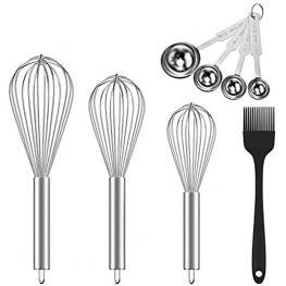 Ouddy Upgraded 5 Pack Whisk Set 8"+10"+12" Stainless Steel Wisks for Cooking Beating Stirring Wire Wisk Kitchen Tool with Stainless Steel Measuring Scoop Set & Cooking Brush
