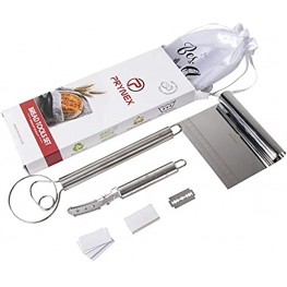 PRYNEX Bread Tools Set Stainless Steel Danish Dough Whisk Scoring Lame Pastry Cutter Storage Bag Batter Mixer & Scraper with Measurement Marks Essential Baking Accessories Gift for Bakers