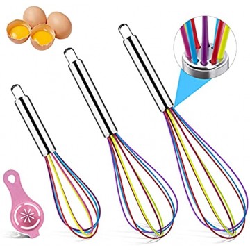 Silicone Whisks for Cooking 3 PCS Wisk Kitchen Tool with Stainless Steel Handle Non-stick Sturdy Colored Balloon Kitchen Whisk for Cooking Stirring Blending Whisking 8"+10"+12"