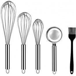Stainless Steel Whisks ONME 3 Pack Kitchen Whisks with Stainless Steel Egg Separator and Silicone Cooking Brush 8" 10" 12" Balloon Wire Whisk for Blending Whisking Beating Stirring Set of 5