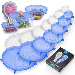 Zulay Kitchen Silicone Stretch Lids Set of 14 Reusable Silicone Lids Stretch & Flexible Design For Various Size Containers Cans Pots Fruits & Vegetables Silicone Bowl Covers Blue & White
