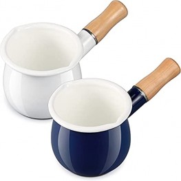 Aedida 2 Pieces Enamel Milk Pan Butter Warmer Milk Pot with Wooden Handle Enamelware Sauce Pan for Milk Fruit Salad 18.6 oz